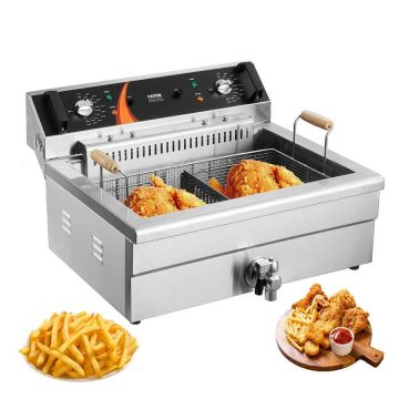 Elektriskā komerciālā fritēšanas ierīce, 3000 W, 30 L, nerūsējošā tērauda, ​​uz darba virsmas, temperatūras kontrole, sudrabkrāsas