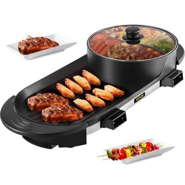 Daudzfunkcionāls elektriskais BBQ grils-karstais katls, 5 temperatūras režīmi, shabu shabu melns