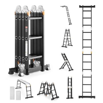 Daudzfunkcionālas saliekamās teleskopiskās kāpnes, 3 pakāpieni, A-veida, 12 pēdu augstumā, celtspēja 330 mārciņas (150 kg)