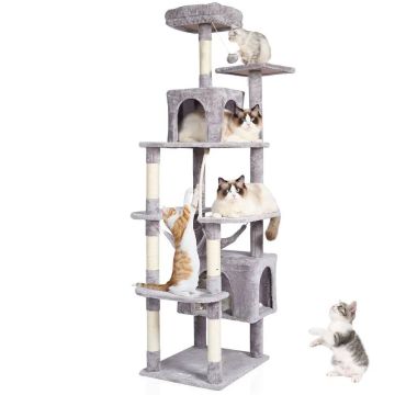 Башня для дрессировки кошек, 182,9 см, светло-серый, 2 домика, когтеточка из сизаля.