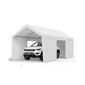 Auto nojume 12x20 pēdas (3,6x6,3 m) ar sānu sienām un durvīm, balta, UV un ūdensizturīga