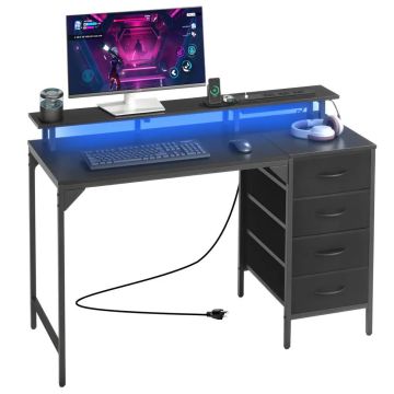Игровой компьютерный стол 120 см со светодиодной подсветкой и блоком питания, черный.