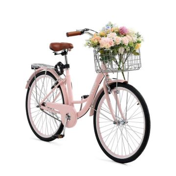 Rozā 26 collu kruīzera velosipēds ar 1 pārnesumu un bagāžu