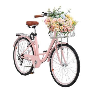 Rozā 26 collu kruīza velosipēds, 7 pārnesumi, ar bagāžas plauktu un grozu