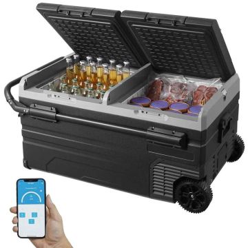 Pārnēsājams automašīnas ledusskapis 95 L, divu zonu, ar riteņiem un rokturi, 12/24 V kompresors