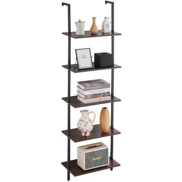 Kāpņu tipa atvērts plaukts ar metāla rāmi, 43x28 ​​cm, melns, 5 līmeņi