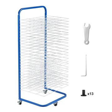 Zili balts oglekļa tērauda mākslas žāvēšanas statīvs ar 25 noņemamiem plauktiem un ritentiņiem, 17x13x39,4 collas