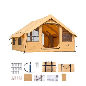 Piepūšama glamping telts kempingam 5-8 cilvēkiem, ar sūkni, 2 durvīm, sieta logiem