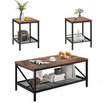 Trīsdaļīgs industriāls kafijas un sānu galdiņu komplekts, 105 cm, metāla kājas