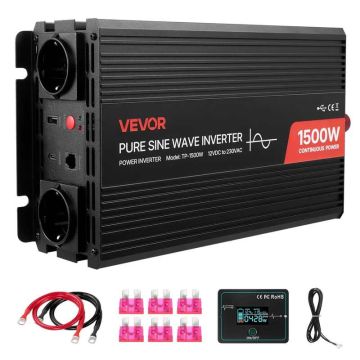 1500 W sinusoidāls invertors no 12 V uz 230 V ar USB un tālvadības pulti