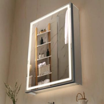 Apgaismots iebūvēts vai pie sienas stiprināms zāļu skapītis ar spoguli, 50x70 cm, LED, regulējama gaismas intensitāte
