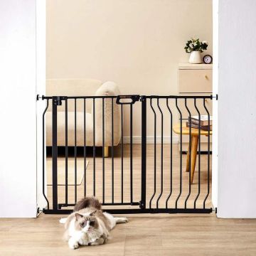 Bērnu un suņu vārtiņi ar spiediena stiprinājumu, melni, 75–123 cm plati, 76 cm augsti