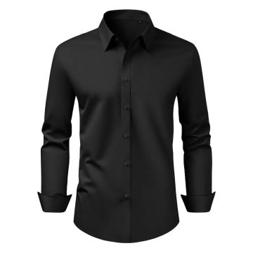 Мужская черная приталенная рубашка на пуговицах, с длинными рукавами.