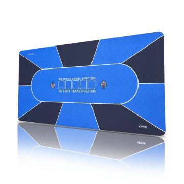 Складной синий покерный стол размером 70x35 дюймов, рассчитанный на 6-8 игроков.