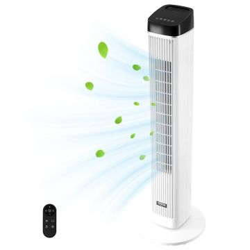 Torņa ventilators bez lāpstiņām, 3 ātrumi, 4 režīmi, taimeris, tālvadības pults