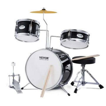 Bērnu bungu komplekts, 3 daļas, melns, regulējams pedālis