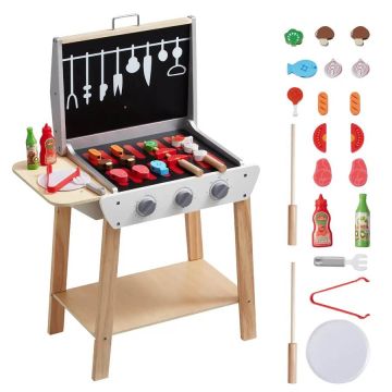 Koka rotaļu grila komplekts ar ēdienu un instrumentiem, 21 gab.