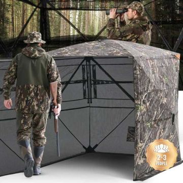 Medību telts 2-3 personām, kamuflāžas, 360° ar logiem un pārnēsāšanas somu