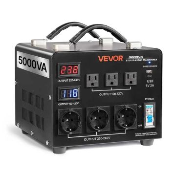 Automātiskais sprieguma pārveidotājs 5000 VA, 110–220 V, LCD displejs, ASV un ES rozetes