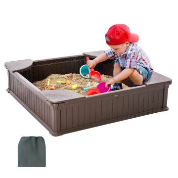 Bērnu kvadrātveida smilšu kaste ar vāku un sēdekļiem, 49x49x12 cm, HDPE, brūna