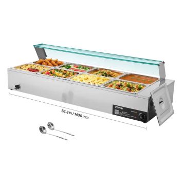 Elektriskais nerūsējošā tērauda tvaika ēdiena sildītājs, 1700 W, 8 trauki