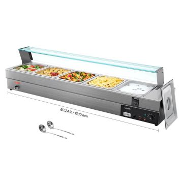 Komerciāls elektriskais ēdiena sildītājs, 5 pannas, nerūsējošā tērauda, ​​1500 W