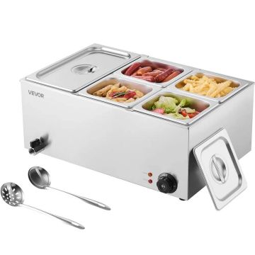 Komerciāls elektriskais ēdienu sildītājs, 5 pannas, nerūsējošā tērauda, ​​1200 W, 30–85 °C