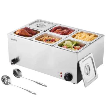 Komerciāls elektriskais ēdienu sildītājs, 6 pannas, nerūsējošā tērauda, ​​1200 W, 30–85 °C