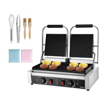 Komerciālais elektriskais panini grils, 3600 W, nerūsējošais tērauds, dubultspiediens, 48 ​​x 23 cm emaljēta virsma