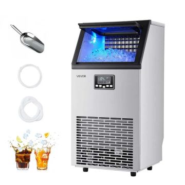 Komerciāls nerūsējošā tērauda ledus kubiņu ģenerators, 45 kg/24 h, 12,7 kg ietilpība, LED displejs, pašattīrīšanās funkcija