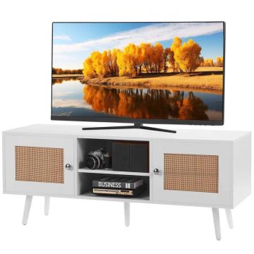 55 collu rotangpalmas TV statīvs, balts, regulējami plaukti