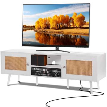 Rotangpalmas TV statīvs 65" televizoram, balts, ar USB portu