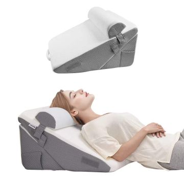 Ortopēdisks gultas ķīļveida spilvens, 3 daļu, ar putām, balts/pelēks, pēcoperācijas, krākšanas mazināšanai