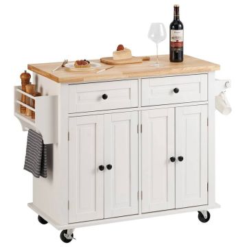 Virtuves salas ratiņi ar masīvkoka virsmu, 90 cm, balti