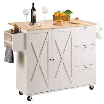 Virtuves salas ratiņi ar masīvkoka virsmu, 115 cm, balti