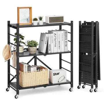 Трехъярусная складная металлическая полка, 30x13x36 дюймов, с колесиками и крючками, черная.