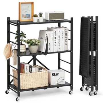 Salokāms metāla 3 līmeņu plaukts ar riteņiem un āķiem, melns, 28x13x36 collas