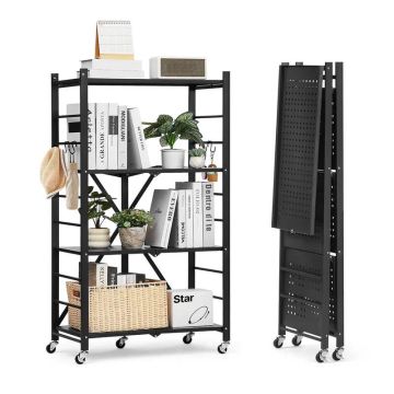 Salokāms 4 līmeņu metāla uzglabāšanas plaukts, 26x13x46 collas, ar riteņiem un āķiem, melns
