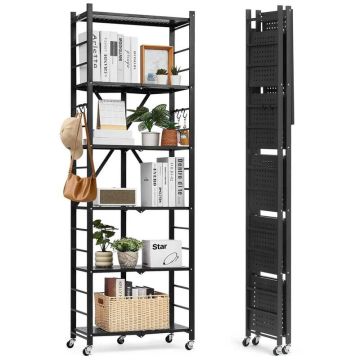 6 līmeņu salokāms metāla uzglabāšanas plaukts, 24x12x72 collas, melns, ar riteņiem un āķiem