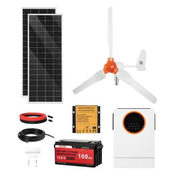 Saules un vēja enerģijas komplekts 12 V, 600 W, ar monokristāliskiem paneļiem un litija akumulatoru