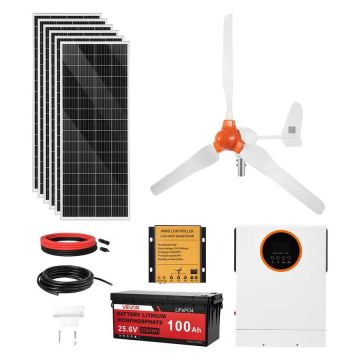 24 V 1000 W saules un vēja enerģijas komplekts ar 6 x 100 W monokristāliskajiem paneļiem, 400 W vēja turbīnu, kontrolieri, 25,6 V 100 Ah LiFePO4 akumulatoru un 3000 W hibrīda invertoru