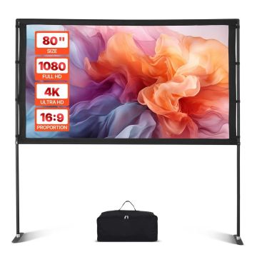 Projektora ekrāns ar statīvu, 80", 16:9, 4K HD, pārnēsājams, lietošanai iekštelpās un ārā