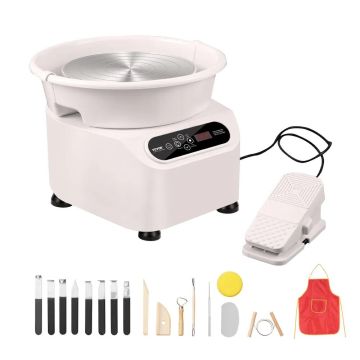 Keramikas veidošanas ritenis, 10 collas, 350 W, ar LCD displeju un pedāli, balts