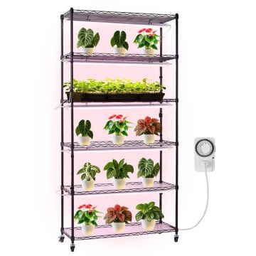 6 līmeņu metāla augu plaukts ar 150 W pilna spektra lampu, 180 cm, ar riteņiem un taimeri