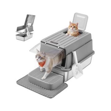Feandrea Closed Cat Litter Box, 2 Entrances, Grey, 60 × 40 × 38 cm