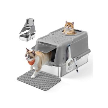 Feandrea Closed Cat Litter Box PPT005G01, XL, 2 Entrances, Gray, 61 × 41 × 36.5 cm