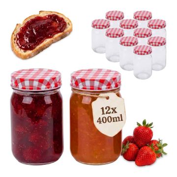 Skrūvējamu burciņu komplekts Relaxdays, 12 gab. pa 400 ml, Sarkana/balta, Ø 7,5 × 12,5 cm