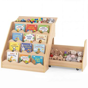 Children's Bookshelf, 4-Tier, with Drawer and Trolley, 24.8 × 19.29 × 24.21 inches