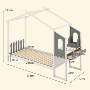 Children's cabin-shaped bed, with table and 2 drawers, white/gray, 253 × 193 × 102 cm
