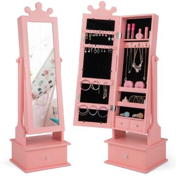 Children's jewelry cabinet, with mirror and drawer, pink, 34.3 × 102.9/113 × 30.5 cm